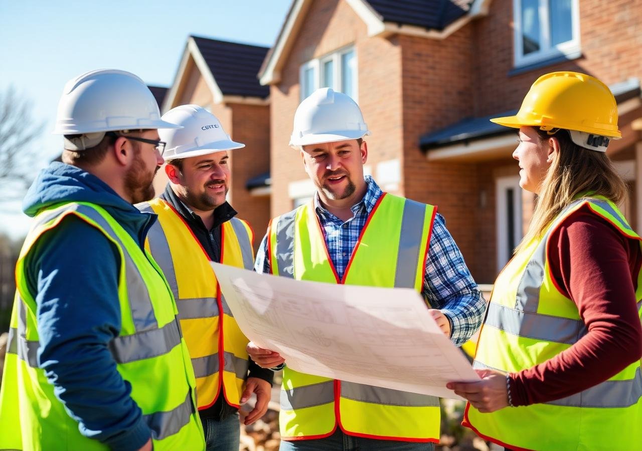 Construction team reviewing plans on a British residential site