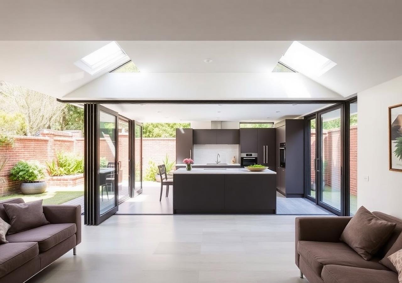Open-plan kitchen extension with bifold doors to a garden