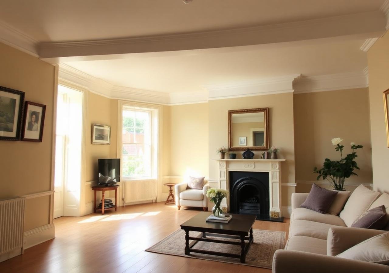 Refurbished UK living room with restored features and fresh finishes